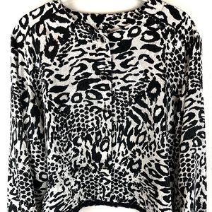 Notations Vintage Womens Blouse 12 Petite White Black Silver Long Sleeves Button